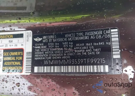 2009 Mini John Cooper Works Clubman from USA, damaged, VIN WMWMM93539TF99215